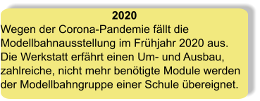 2020 Wegen der Corona-Pandemie fällt die Modellbahnausstellung im Frühjahr 2020 aus.  Die Werkstatt erfährt einen Um- und Ausbau, zahlreiche, nicht mehr benötigte Module werden der Modellbahngruppe einer Schule übereignet.