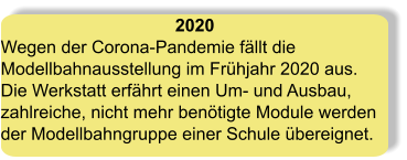 2020 Wegen der Corona-Pandemie fällt die Modellbahnausstellung im Frühjahr 2020 aus.  Die Werkstatt erfährt einen Um- und Ausbau, zahlreiche, nicht mehr benötigte Module werden der Modellbahngruppe einer Schule übereignet.