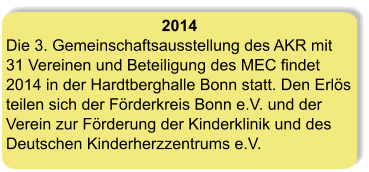 2014 Die 3. Gemeinschaftsausstellung des AKR mit 31 Vereinen und Beteiligung des MEC findet 2014 in der Hardtberghalle Bonn statt. Den Erlös teilen sich der Förderkreis Bonn e.V. und der Verein zur Förderung der Kinderklinik und des Deutschen Kinderherzzentrums e.V.